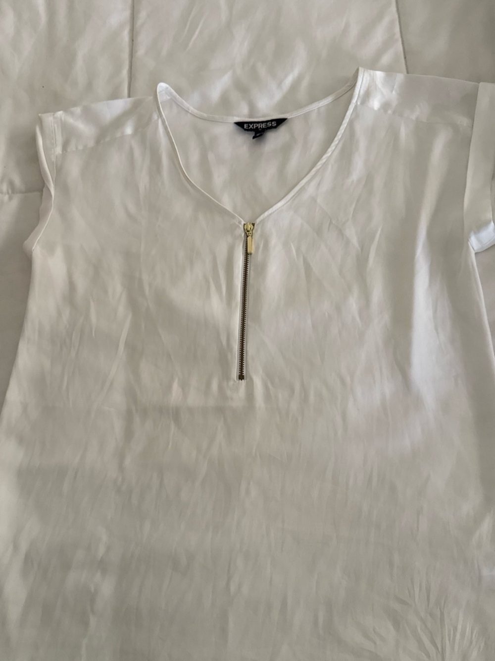 Express White Short-Sleeve Zip-Front Blouse